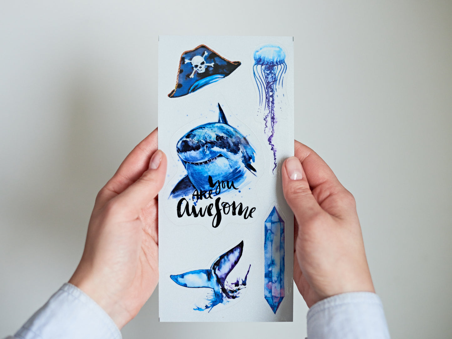 Reflective bike sticker pack “Watercolor blue shark” 4x8"