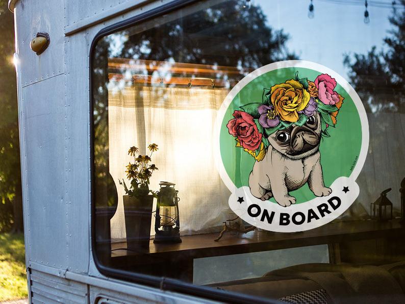 Pug on board car window sticker. Original gift for dog lovers!