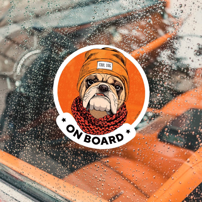 English Bulldog hipster on board car window sticker. Car accessories - original gift for dog lovers!