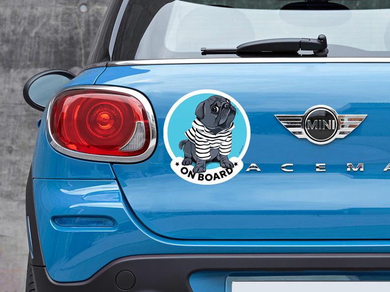 Pug on board car window sticker. Original gift for dog lovers!