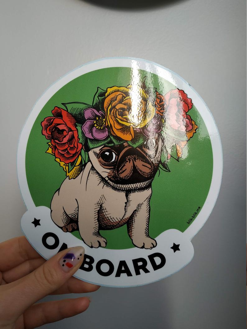 Pug on board car window sticker. Original gift for dog lovers!