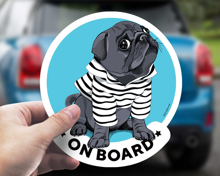 Pug on board car window sticker. Original gift for dog lovers!