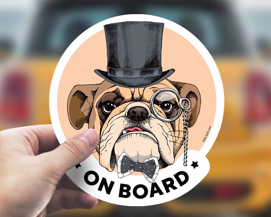 English Bulldog hipster on board car window sticker. Car accessories - original gift for dog lovers!