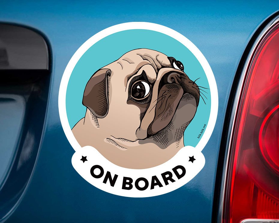 Pug on board car window sticker. Original gift for dog lovers!