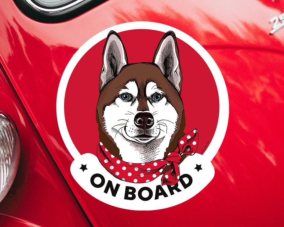 Husky dog on board car window sticker. Car accessories - original gift for dog lovers!