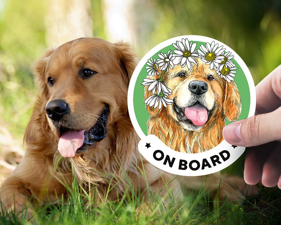 Golden Retriever on board car window sticker. Car accessories - original gift for dog lovers!