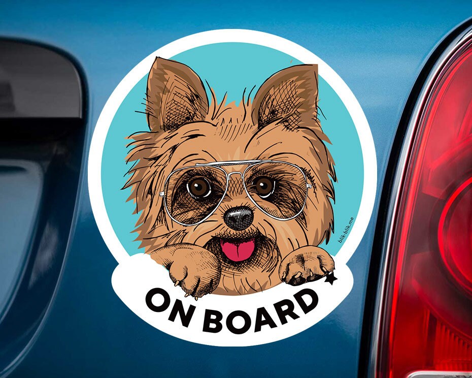 Yorkshire terrier on board car window sticker. Car accessories - original gift for dog lovers!