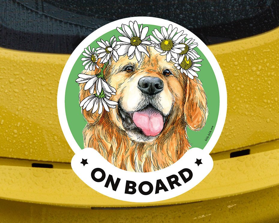 Golden Retriever on board car window sticker. Car accessories - original gift for dog lovers!