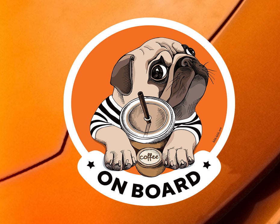 Pug on board car window sticker. Original gift for dog lovers!