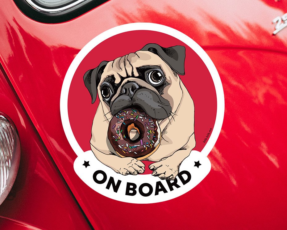 Pug on board car window sticker. Original gift for dog lovers!