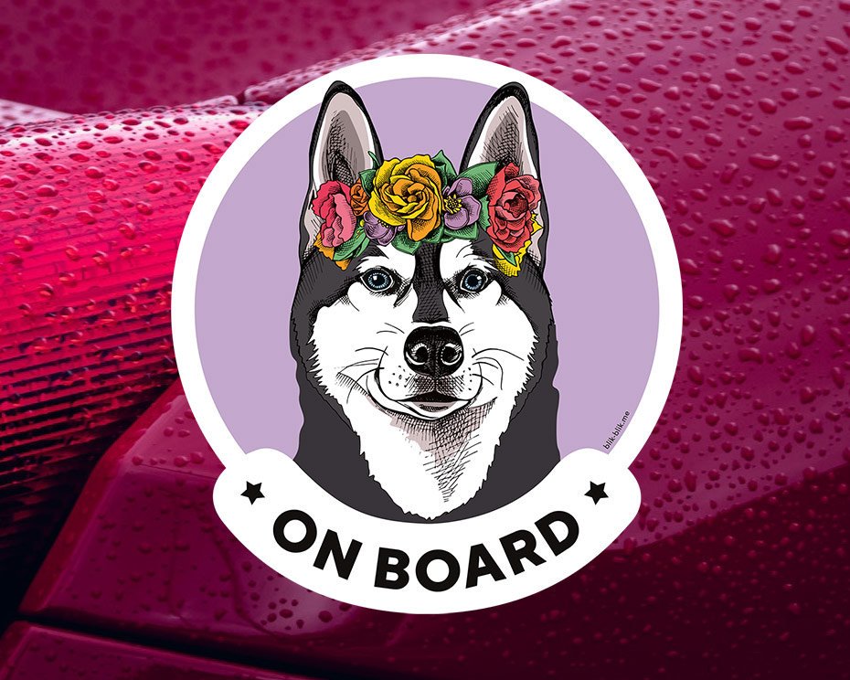 Husky dog on board car window sticker. Car accessories - original gift for dog lovers!