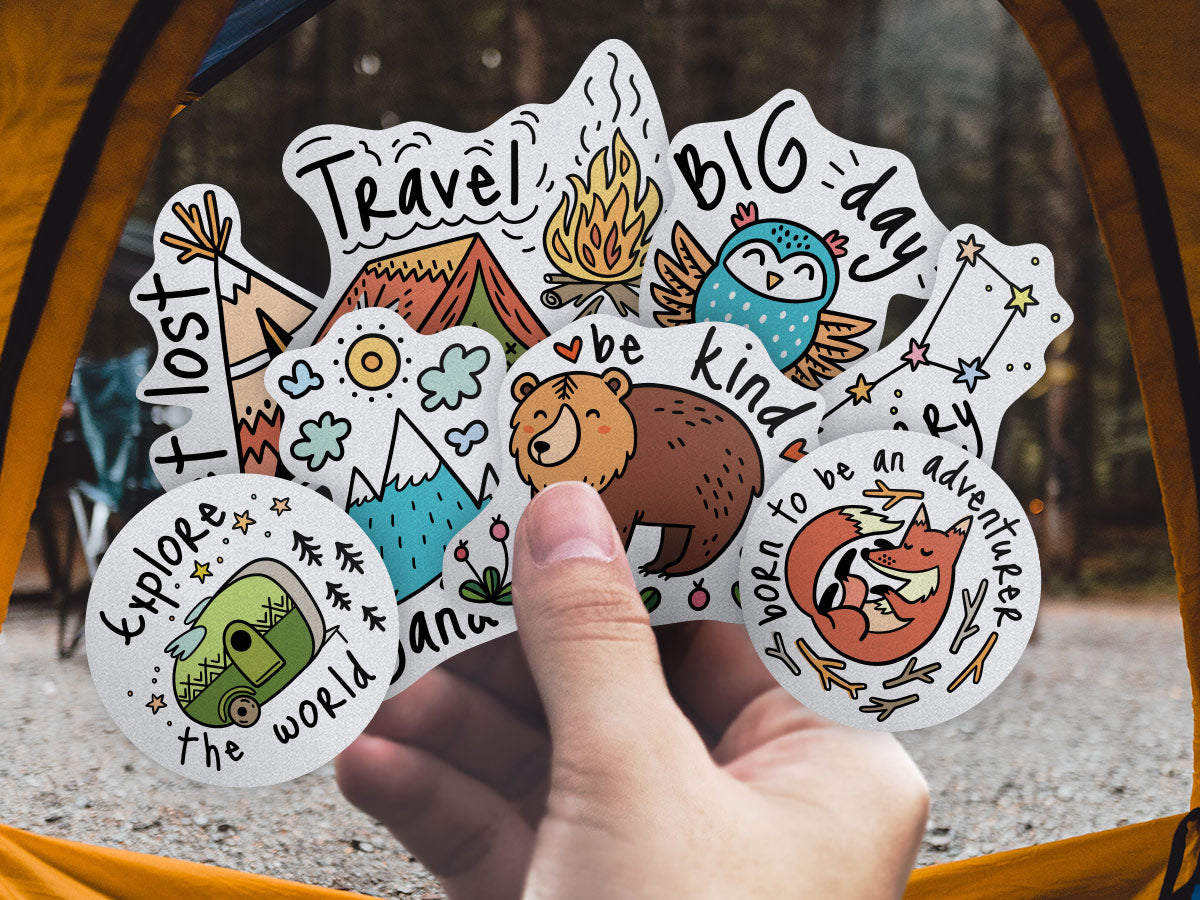 Reflective sticker pack of 8 decals "Adventure awaits"